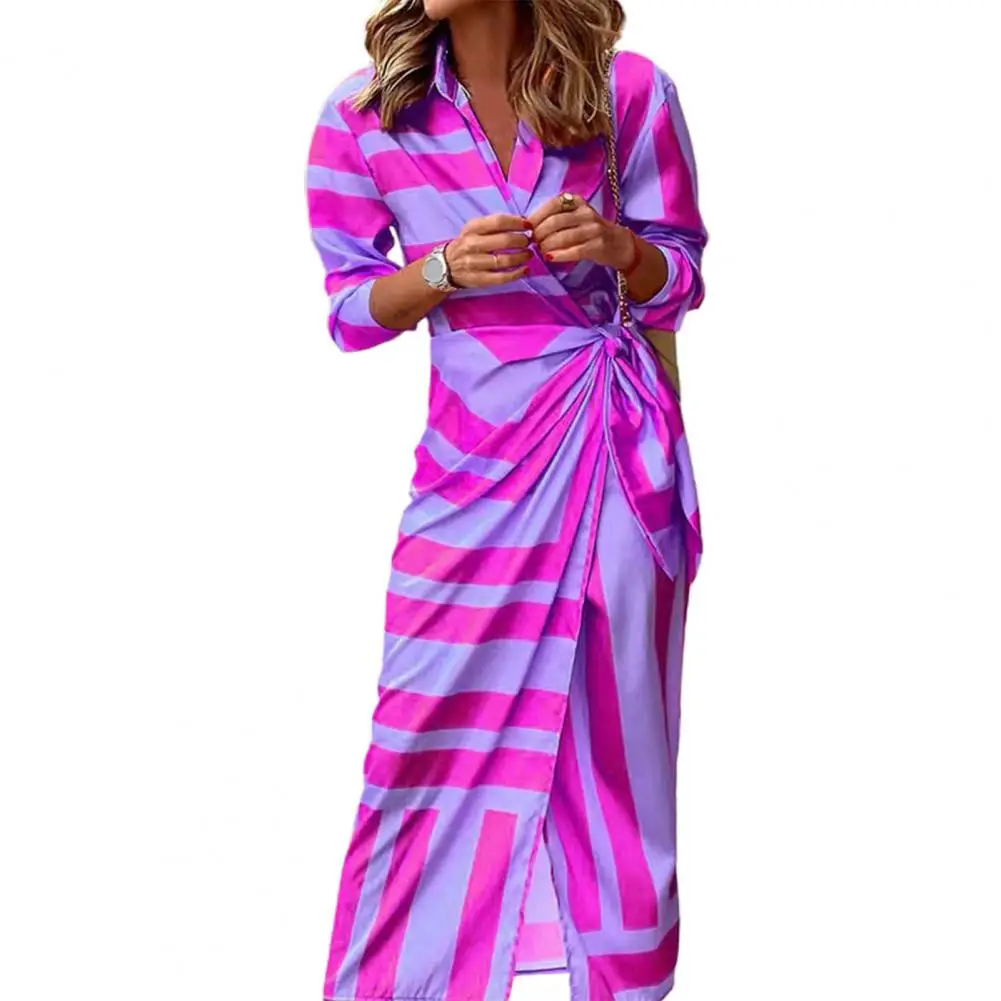 

Draped Maxi Dresses for Women 2022 Lapel Long Sleeve Striped Print Lace-up Elegant Shirt Dress Women Clothing Green XXL vestido