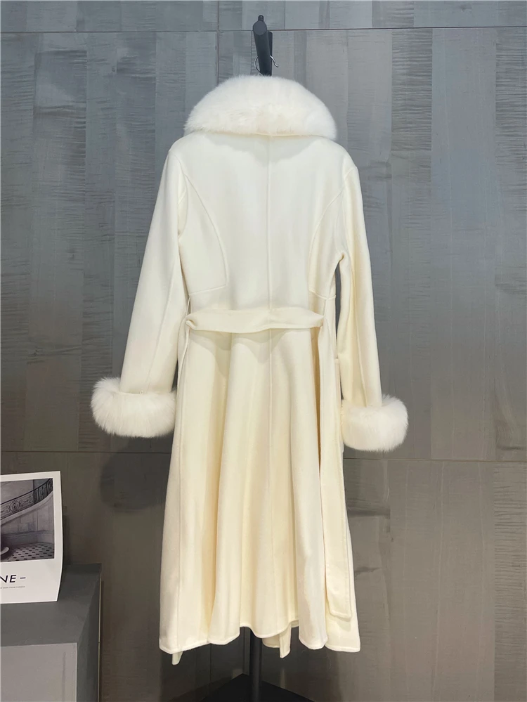 FURYOUME Luxury Real Fur Coat Winter Women Cashmere Wool Jacket Long Natural Fox Fur Collar Detachable Fashion Ladies Outerwear