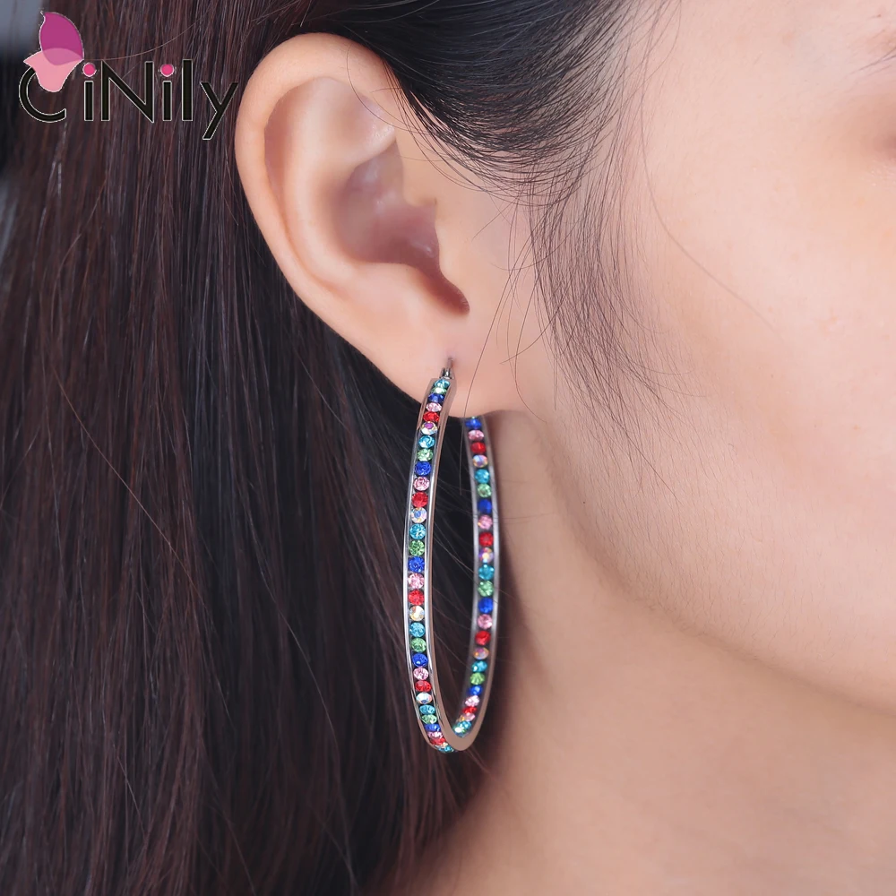 CiNily Luxury Mult-colors Crystal Stainless Steel Hoop Earrings for Women Wedding Fashion Jewelrys Big Earrings Fully-Jewelled images - 6