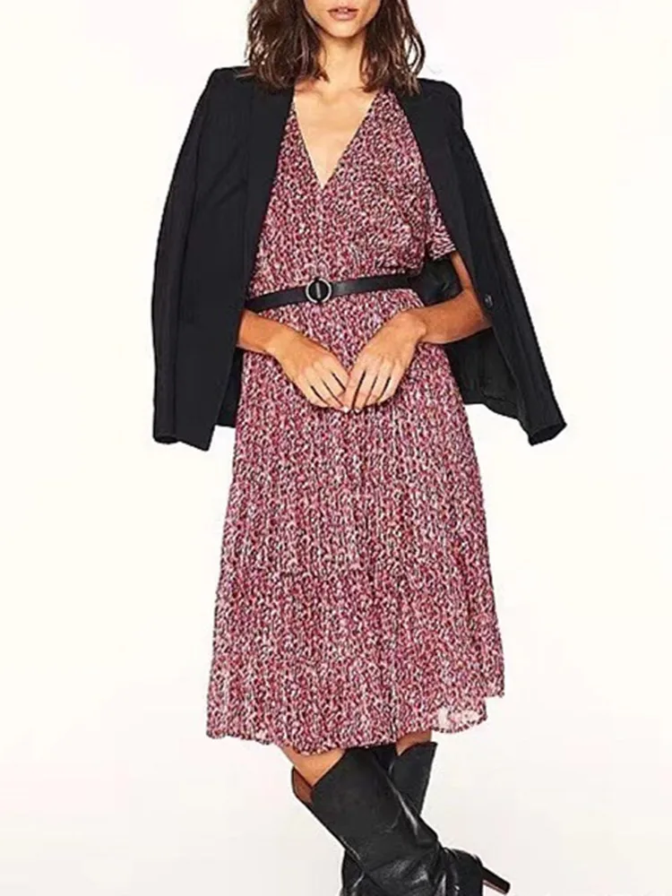 

Women Printed Midi Dress 2022 Summer new Hem Ruffles V-neck High Waist Short Sleeve Ladies Robe
