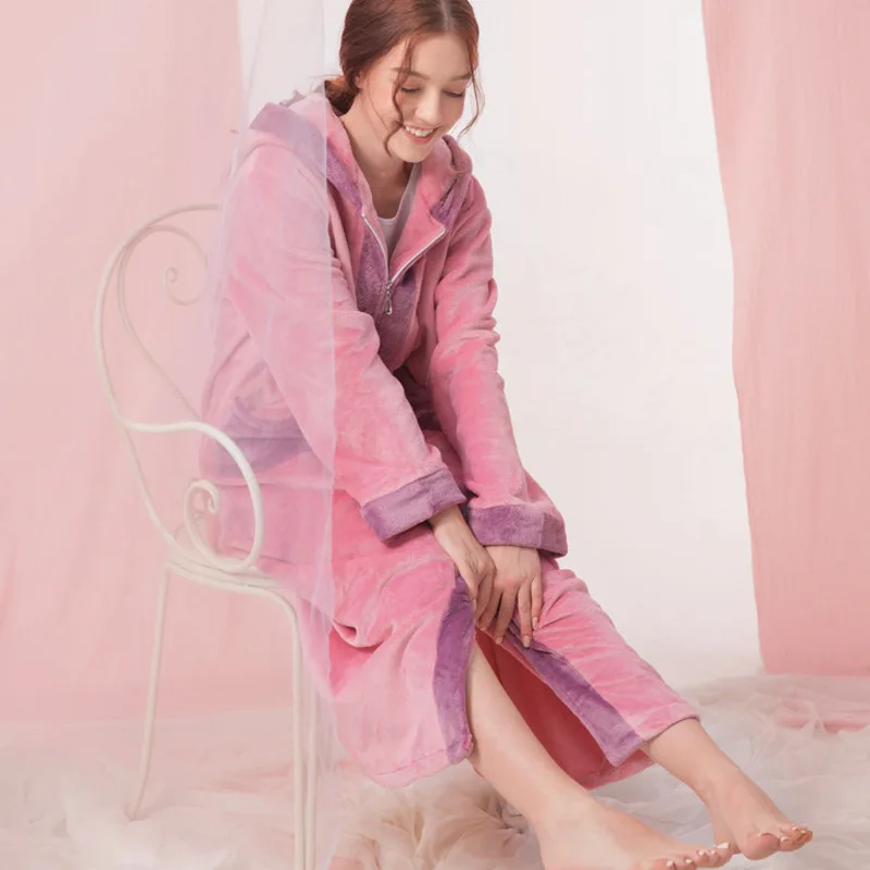New Flannel Robe Women Coral Fleece Hoody Warm Thicken Thermal Bathrobe Cute Pocket Long Gown Sleepwear Winter Homewear Bathrobe