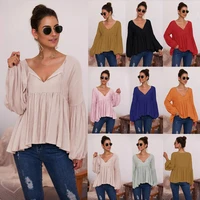 deep v neck pleated high low hem lace up tops women loose puff long sleeve blouse solid color autumn casual pullover am1467