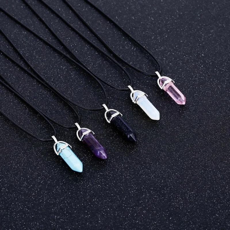 

Hexagonal Column Quartz Necklaces turquoises Pink Crystal pendent Necklace For Women Leather Chain Natural Stone Choker Necklace