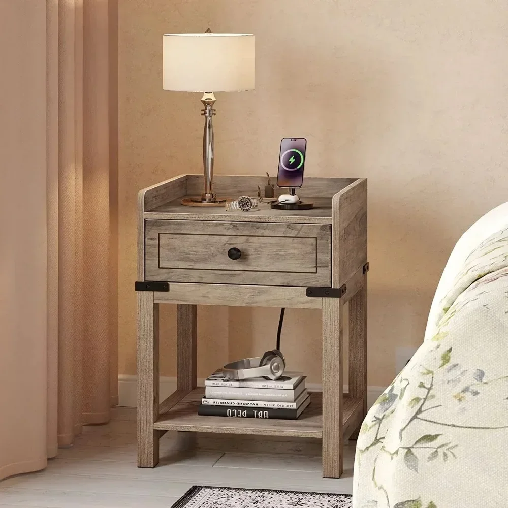 

2 Pcs Nightstand with Charging Station, Farmhouse End Side Table Bedside Table with Drawer, USB Ports and Outlets