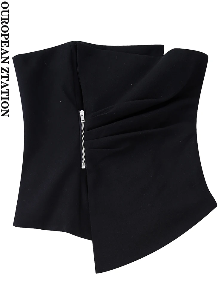 

Модный женский плиссированный Асимметричный бюстье PAILETE с молнией спереди, винтажный Топ без бретелек с прямым воротником, женский топ, 2022