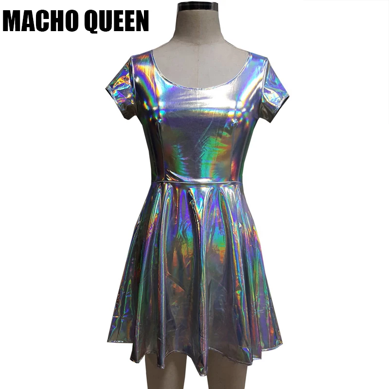 Vestido de patinadora holográfica de plata para mujer, ropa para Festival de Música, Rave, trajes Vintage, vestidos bohemios, vestido bonito de verano