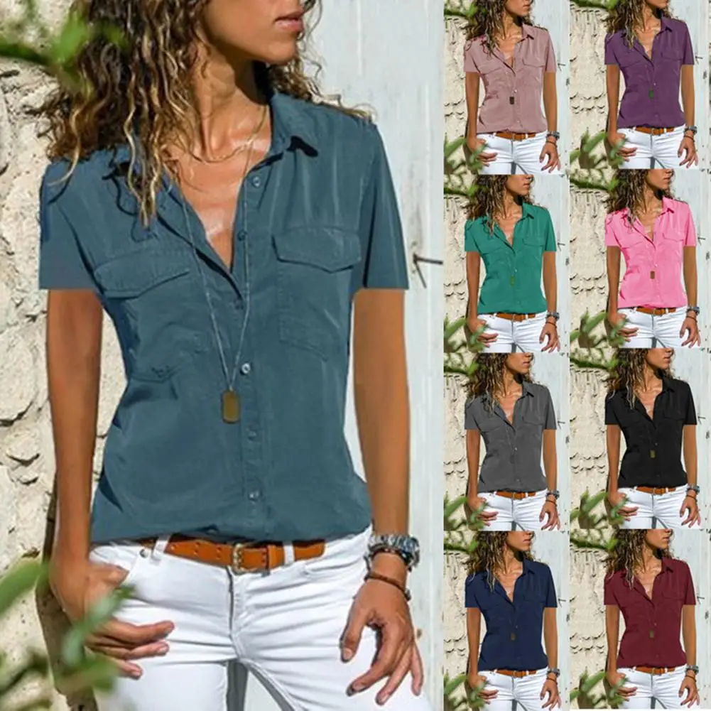 

Plus Size Women Blouse Lapel Button Pocket Shirt Solid Color V Neck Short Sleeve Blouse Black Women's Clothing 2022