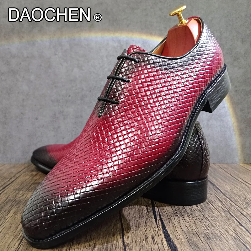 LUXURY MEN GENUINE LEATHER SHOES RED BLACK LACE UP POINTED WEAVE PRINT CASUAL DRESS MAN SHOE WEDDING OFFICE OXFORD SHOES FOR MEN