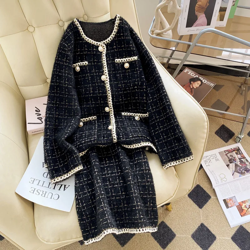 

Fall Winter 2 Piece Sets Women Outfit For Women French Vintage Fragrance Fleece Coats And Mini Skirts Set Women Clothing