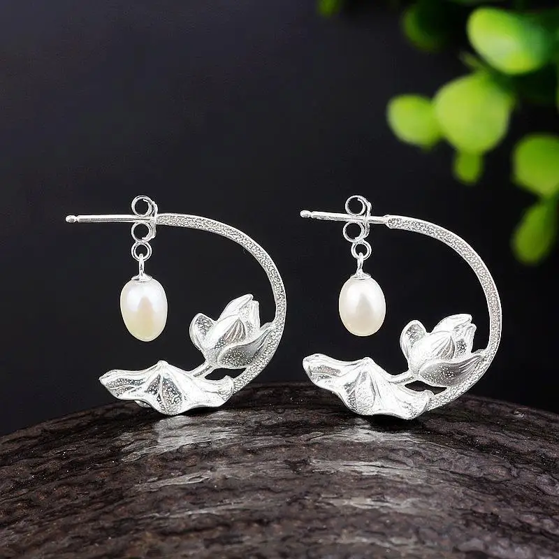 

Трехмерное ремесло Серебряная резьба Лотос ремесло жемчужные серьги в китайском стиле Ретро Уникальные светильник роскошные женские сере...