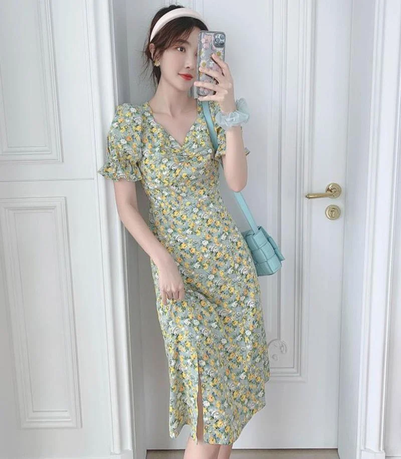 

2021 Sweet Daisy Floral Dress Women Elegant Cute Puff Sleeve Split Cottagecore Dress Summer Girl Chic Short Sleeve Fairy Dresses