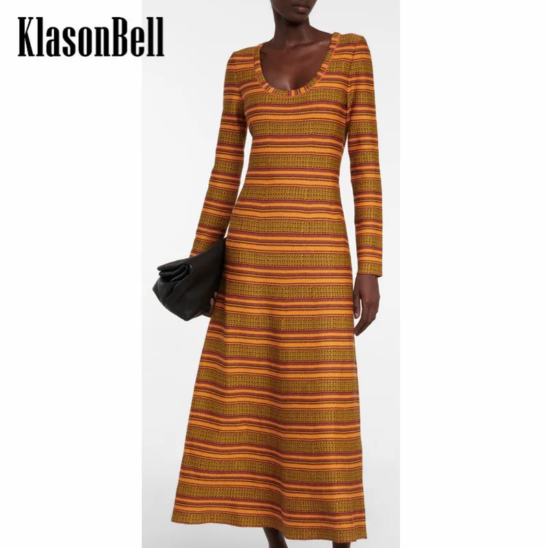 

Модное элегантное шерстяное трикотажное платье-миди KlasonBell контрастных цветов в полоску с круглым вырезом трапециевидного силуэта для женщин, 10,13