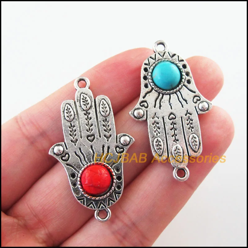 

Fashion 5Pcs Retro Tibetan Silver Tone Hand Palm Oval Blue&Red Stone Charms Connectors 24x41mm