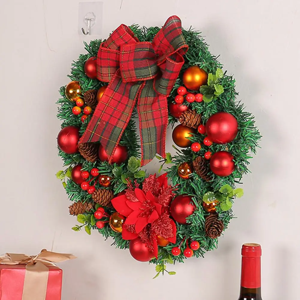 

Wall Hanging Christmas Wreath Festive Holiday Wreaths Plaid Bowknot Pine Cone Needle Ball Berry Decorations for Indoor Outdoor