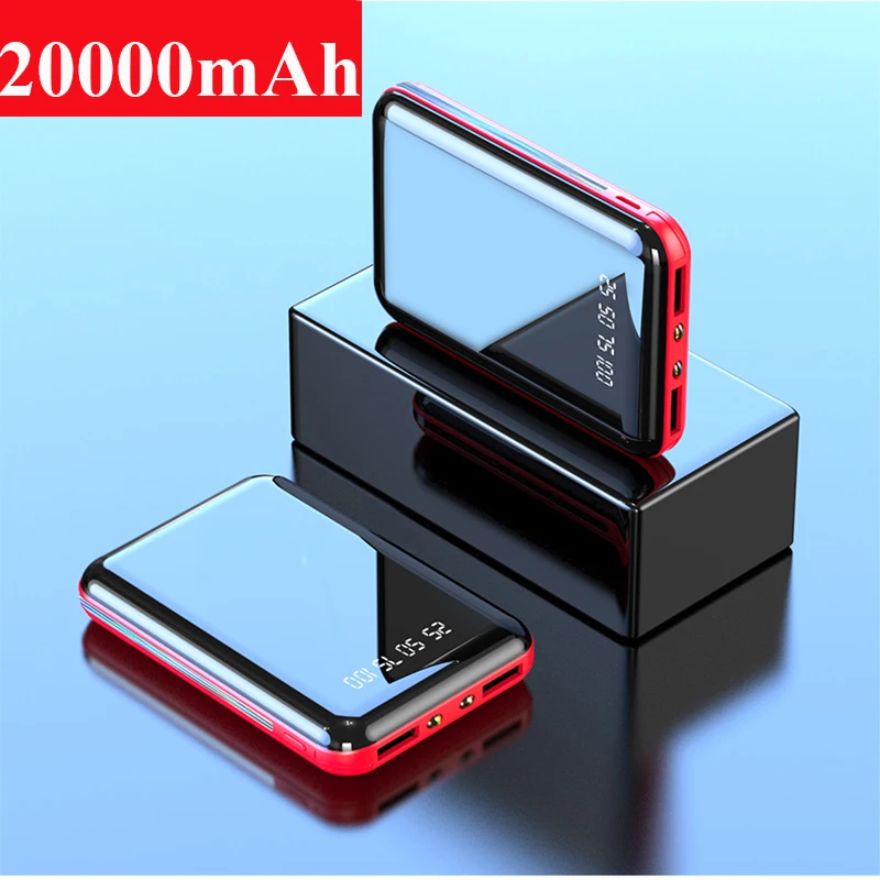 20000mah portable mini power bank mirror screen led digital display powerbank external battery pack poverbank for mobile phones free global shipping