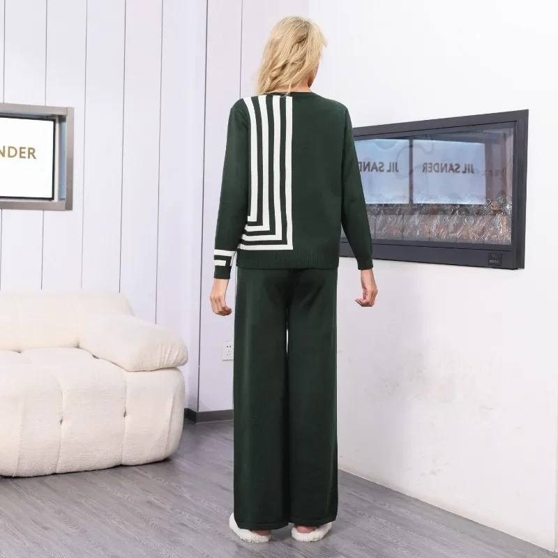 Зимний полосатый контрастный однобортный вязаный кардиган с длинными рукавами и