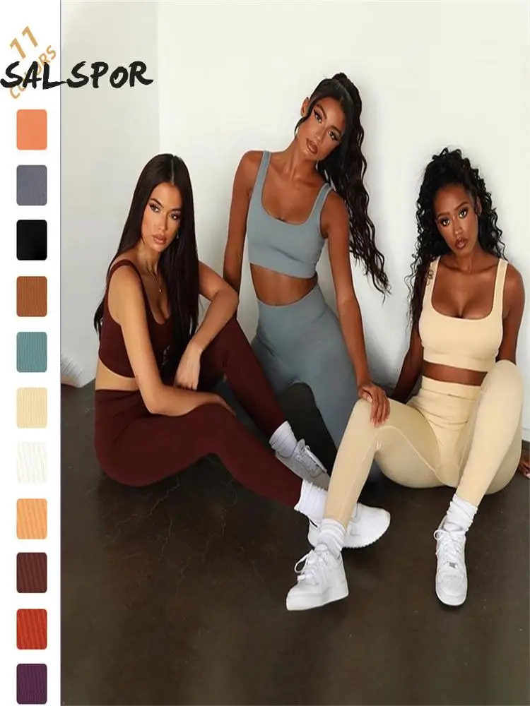 

SALSPOR Knitted Threaded Seamless Women Yoga Workout Pants Bra Trousers Gym Suits Fitness Crop Top Running Leggings Sports Sets