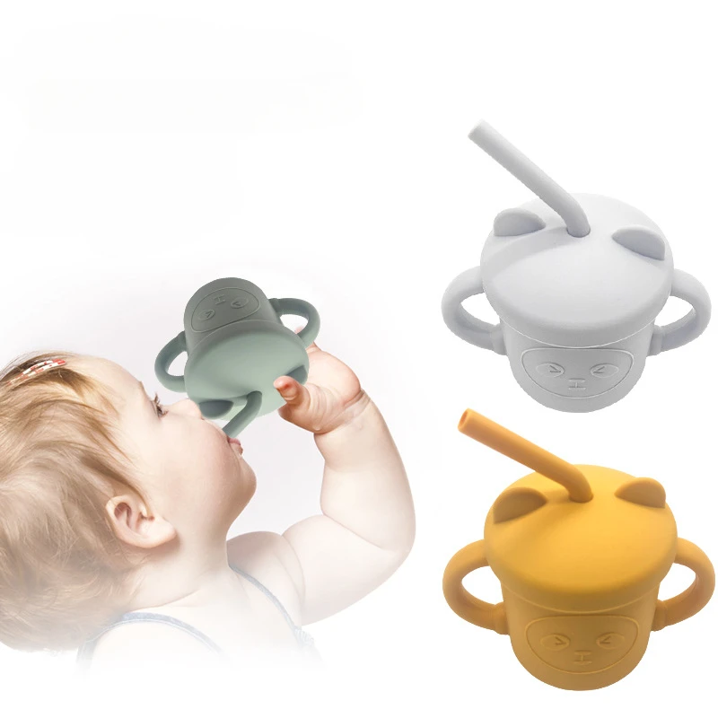 

Baby Feeding Drinkware With 2 Straw Cup Baby Learning Feeding Cups Sippy Cup BPA Free Silicone Tableware Toddler Water Bottle