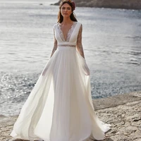chiffon v neck hy097 long sleeves zipper 2022 floor length a line wedding dress simple lace bride gowns vestidos de novia