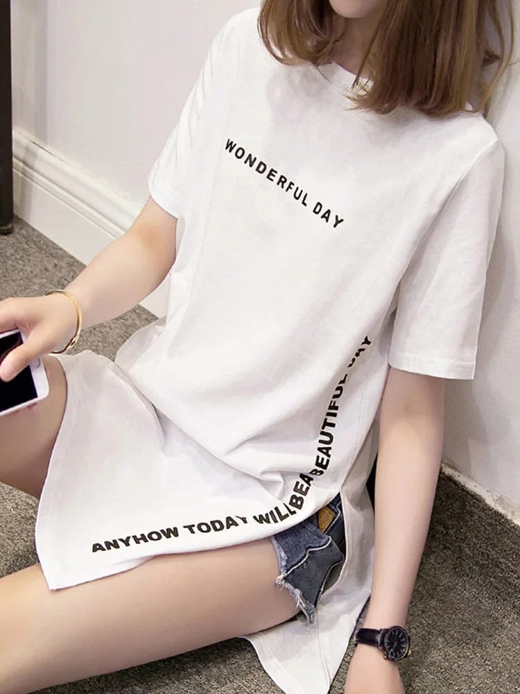 

Женская длинная футболка с коротким рукавом, свободного покроя