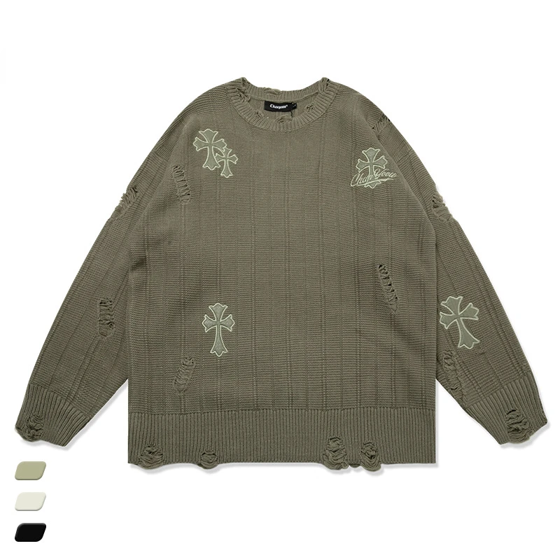 

Свитер мужской вязаный с вышивкой крестиком, свободная рубашка с круглым вырезом, уличная одежда, пуловер в стиле Хай-стрит, осень