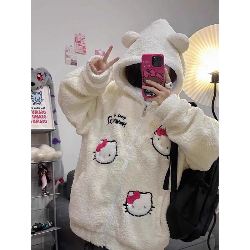 

Kawaii Sanrio Lamb Fleece Coat Hello Kitty Cartoon Cute Winter Fashion Loose Fitting Embroidery Keep Warm Coat Girls Gifts