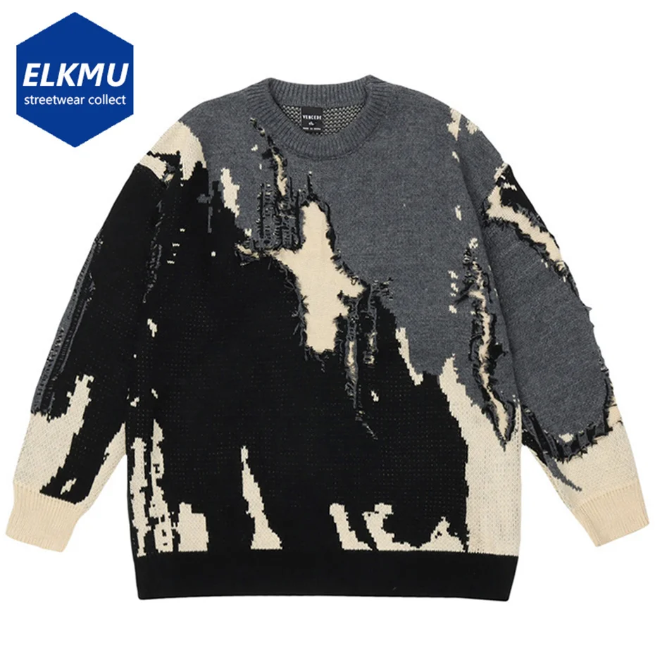 

Punk Knitted Sweaters Men Distressed Designer Oversized Harajuku Streetwear Sweaters Fall Winter Hip Hop Knit Pullovers Tops