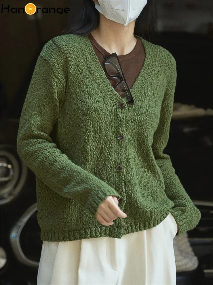 HanOrange 2022 Autumn Vintage V-neck Knitted Cardigan Women Texture Loose Simple Casual Long Sleeve Jacket Female Black/Green