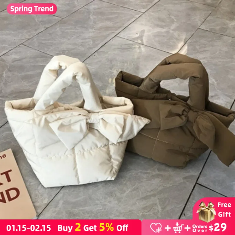

Quilted Checkered Women Shoulder Bags Fashion Ladies Tote Handbags with Cute Bowknot Large Capacity Female Cotton Messenger Bag