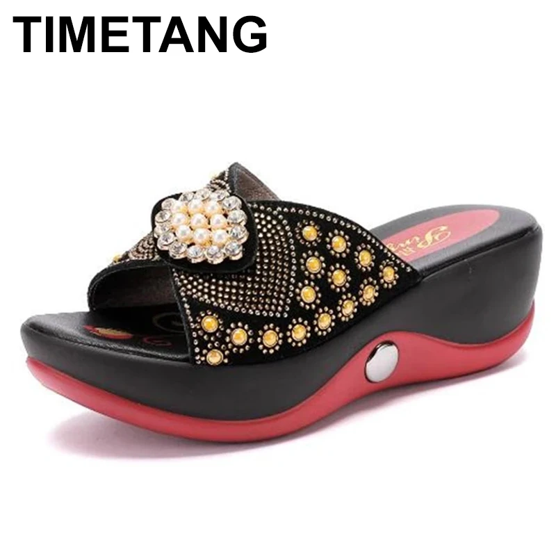 

Slippers Woman Rhinestone Genuine Leather Summer Shoes Fashion Wedges Heels Sandals Women's Slides Large Size 35--40