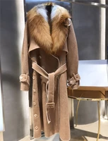 british style brand wool cashmere coat with real big large red fox fur collar long jackets windbreaker manteau femme
