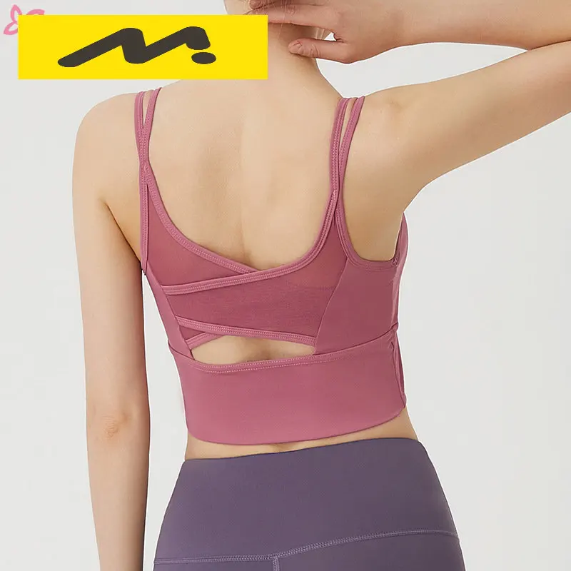 Strappy Sports Bra for Women Sexy Crisscross Back Medium Support Yoga Bras Running Workout with Removable Cups Mesh
