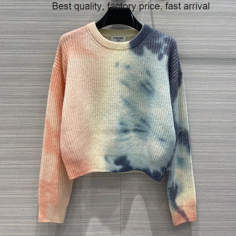 

Женский кашемировый пуловер с градиентным переходом цвета, роскошный брендовый вязаный пуловер с длинным рукавом и круглым вырезом, осень ...