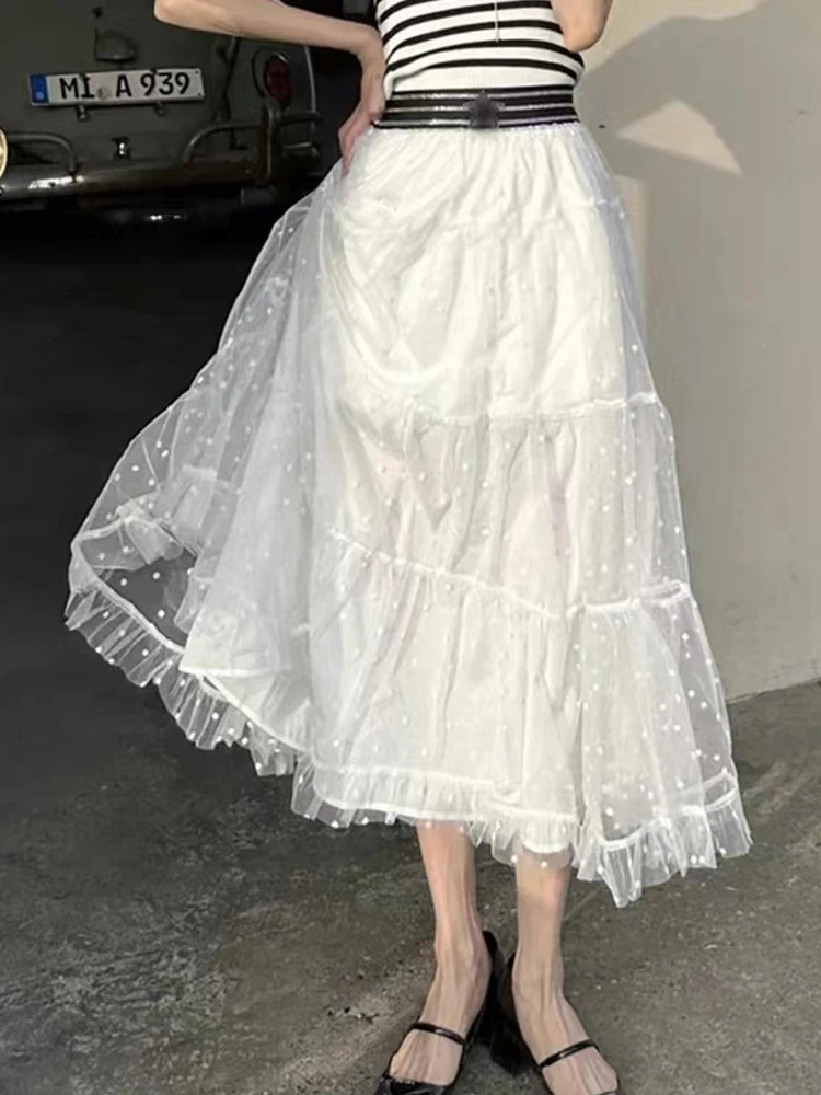 

Exquisite designer diamond waist gauze flocking dot poncho skirt elastic waist skirt 2023 new pentagram decorative skirt fashion