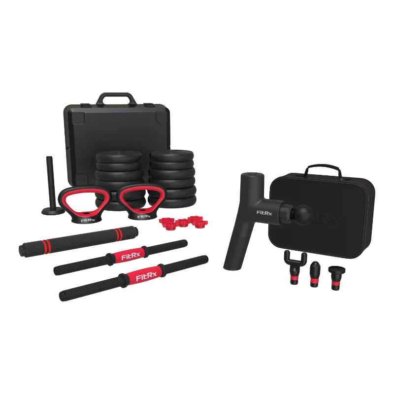

FitRx Fitness and Recovery Set, Interchangeable Dumbbell, Barbell, and Kettlebell Weight Set and Handheld Percussion Massage Gun