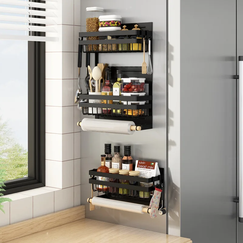 

Spice Magnetic Side Rack,foldable Shelf Organizer Wooden Magnetic With Kitchen Holder,black/green Storage Refrigerator