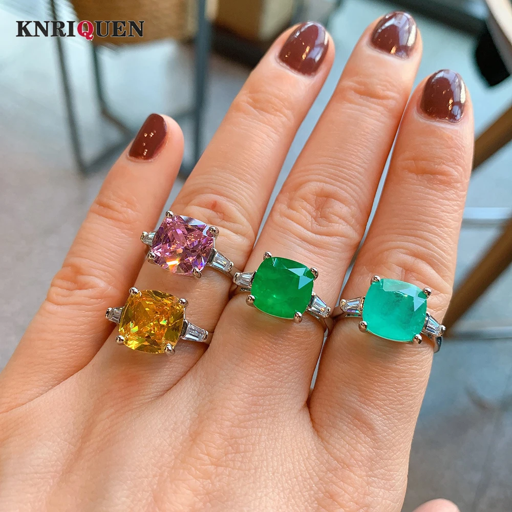 

2022 Trend 925 Sterling Silver 10*10MM Paraiba Tourmaline Emerald Rings for Women Gemstone Wedding Cocktail Party Fine Jewelry