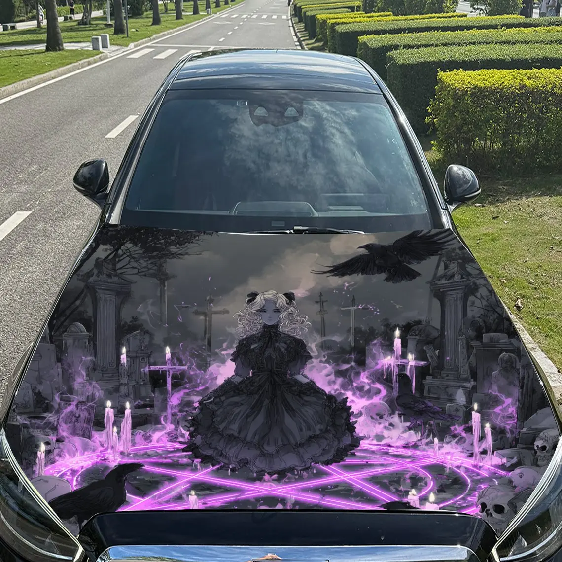 Фото Наклейки на капот автомобиля Dark Gloomy Gothic Girl Pattern, водонепроницаемые самоклеящиеся, устойчивые к царапинам, легко приклеиваемые, прочные автомобильные ПВХ s №4
