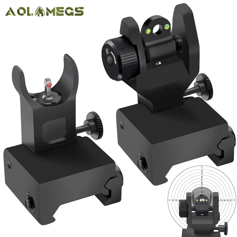 

AOLAMEGS AR 15 Foldable Fiber Optics Iron Sights Flip-up Front Rear Sights Back up sight fiber sights for Picatinny Weaver Rails