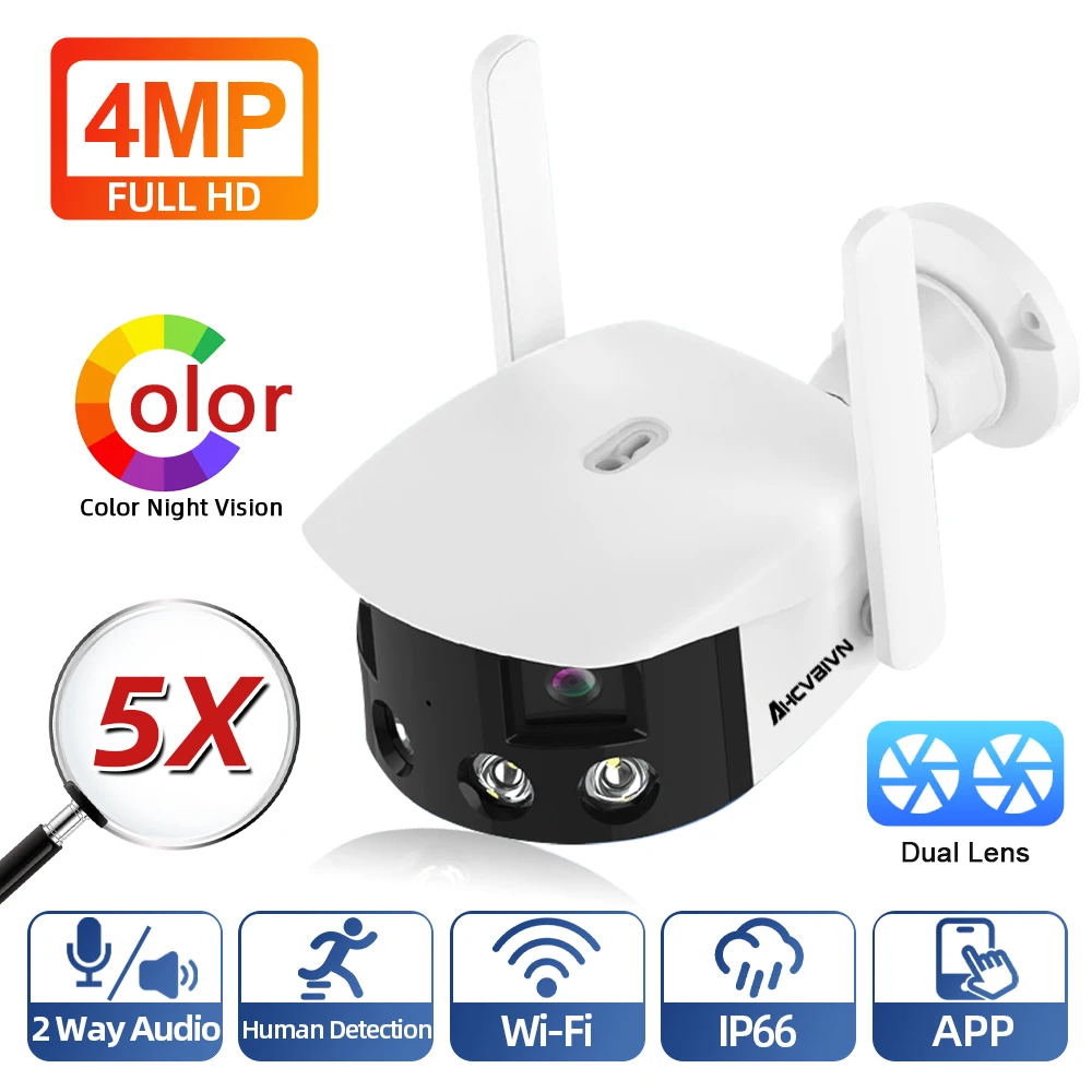 

Dual Lens Security Protection Human Animal 5X Zoom Outdoor CCTV IP Camera 2k 4MP Wide Viewing ICSee IP66 Weatherproof WiFi Cam