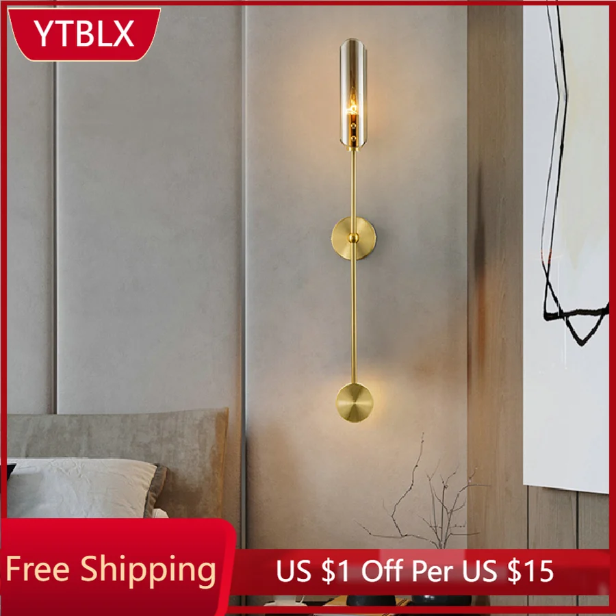 

Postmodern Gold Wall Lamp Indoor Copper Sconce Glass LED Wall Light For Living Hall Dining Room Bedroom Kitchen Decorative Lamp
