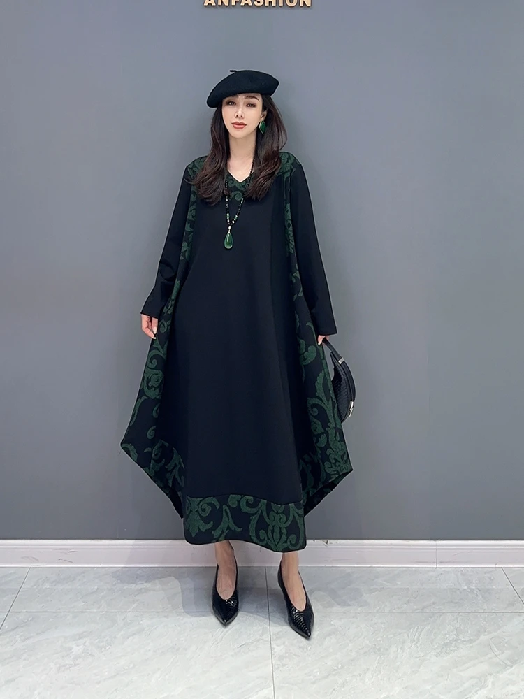 

SuperAen Autumn 2023 New Korean Long-sleeved V-neck A Line Big Swing Fashion Long One-piece Long Dress