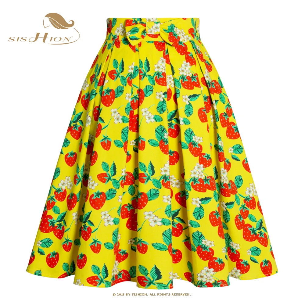 

SISHION 2023 Summer High Waist Cotton Women Skirt SS0012 Pockets 50s 60s Yellow Strawberry Printed Vintage Skirts With Bow