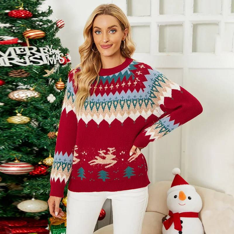 

Autumn Winter Sweater Women's Pullover Sweater Long Sleeve Christmas Little Snowman Round Neck Printed Sweater Thick Knit Jumper