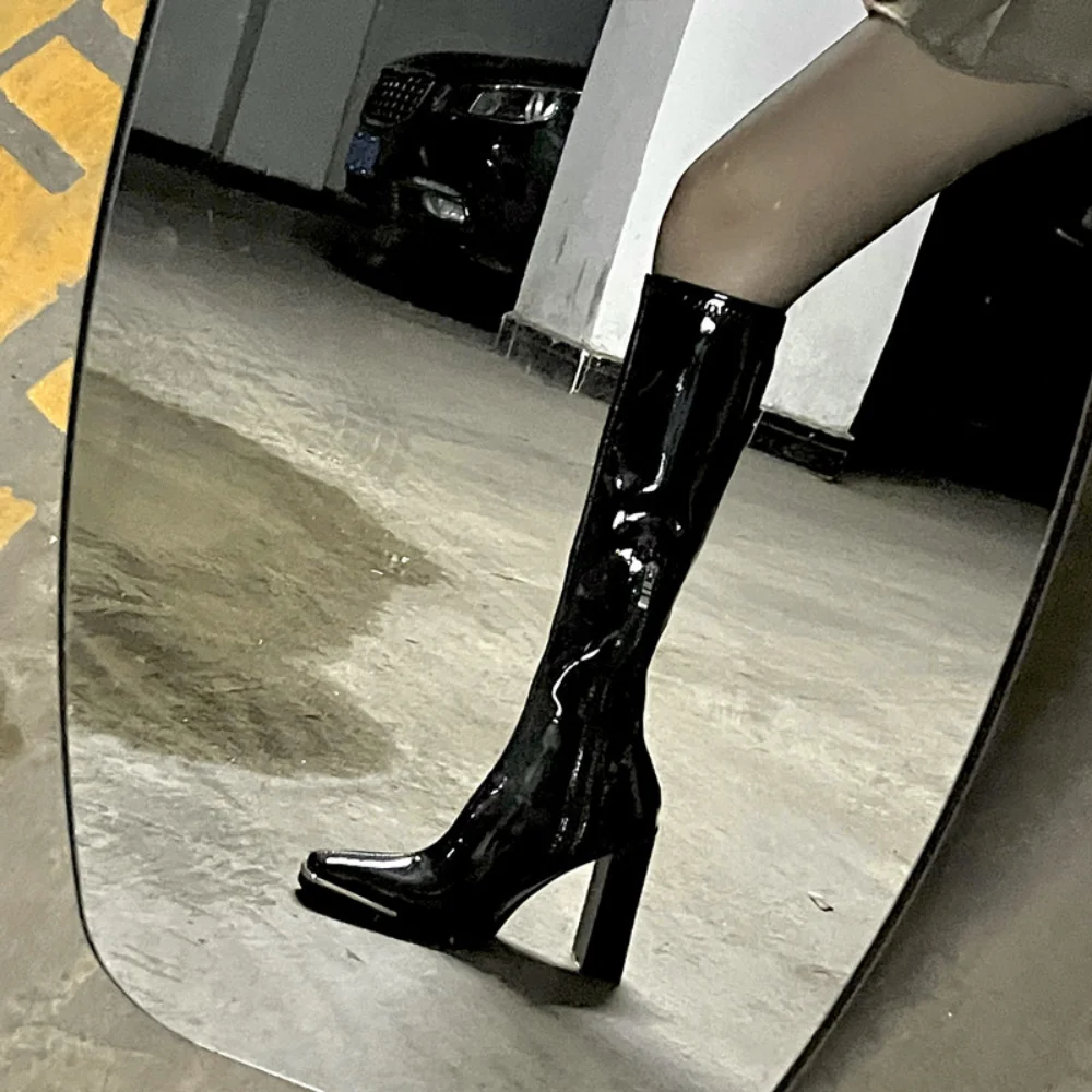 High Heel Women Long Boots High Quality Leather Patent Leather Ladies Zip Knight Boots Fashion High Heel Knee-high Boots