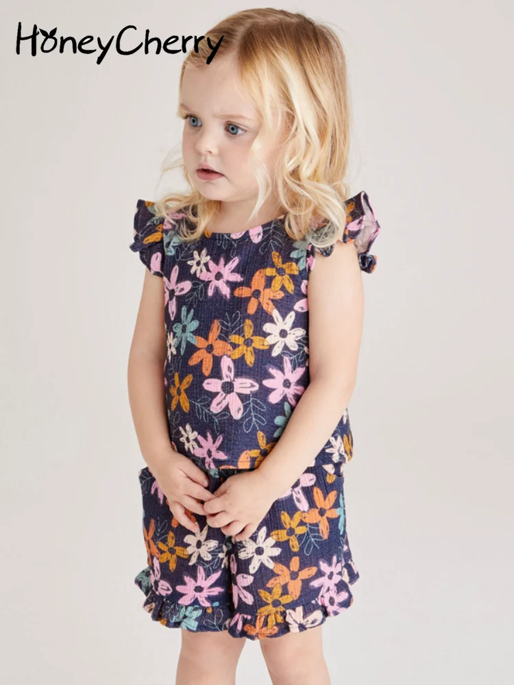

Комплекты одежды HoneyCherry; Новинка 2022 года; Летний хлопковый комплект с короткими рукавами и принтом для девочек; Модная одежда для девочек