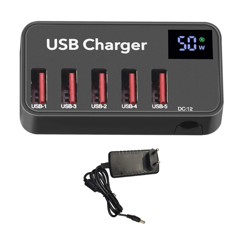 

5 Ports USB Charger PD LED Display Quick Charge Hub 50W Fast Charging Station