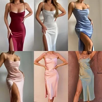 womens vintage solid color sleeveless strap sexy split slim sheath retro party dress