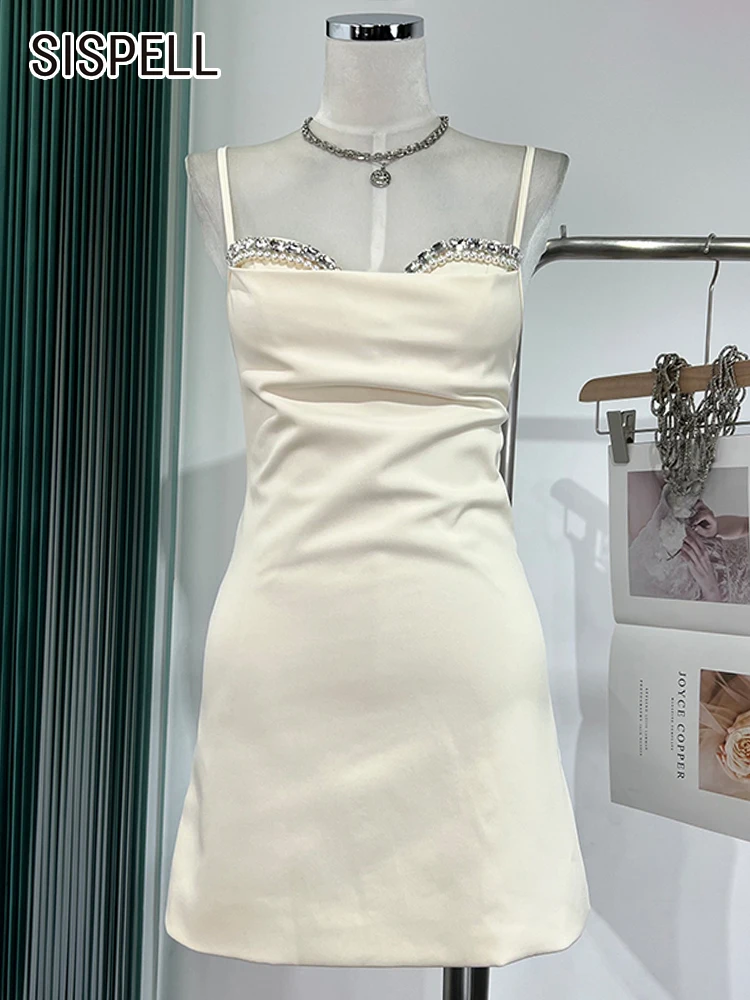 

SISPELL White Elegant Patchwork Diamonds Dress For Women Square Collar Sleeveless Minimalist Mini Sling Dresses Female Clothing