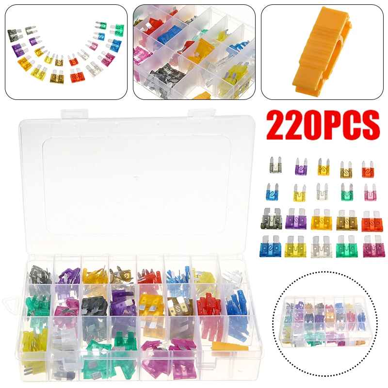 

220 Pcs High Quality Mini Small Size Standard Blade Fuses Auto Car Bike Van Truck Fuse Assortment Set With Box Fuses Clip